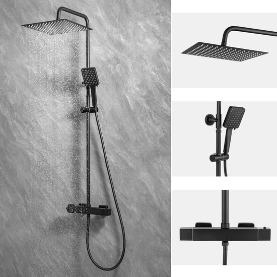 Auralum max Regendouche met Thermostaatkraan - Regendoucheset Zwart - Doucheset Met thermostaatkraan - 12 inch Douchekop - 6 standen Handdouche