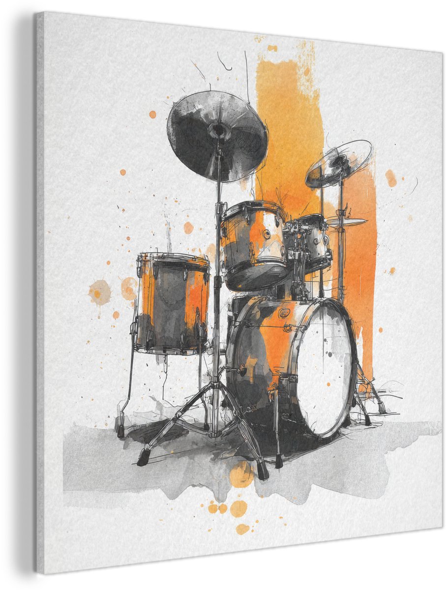 Akoestisch wandpaneel 80x80 cm - Vilt schilderij Drumstel - Oranje - Zwart - Aquarelverf - Akoestische panelen - Geluidsdempende wanddecoratie - Geluidsisolatie woonkamer - Muurdecoratie geluidspanelen