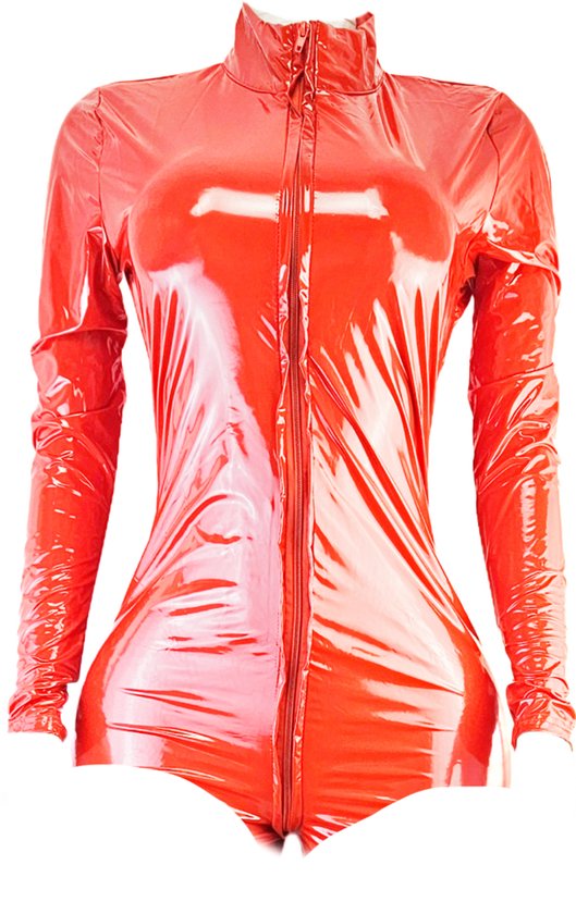 BamBella ® - Combinaison - Taille L/XL - Combinaison wetlook Datex (Mix de latex et de tissu) Rouge