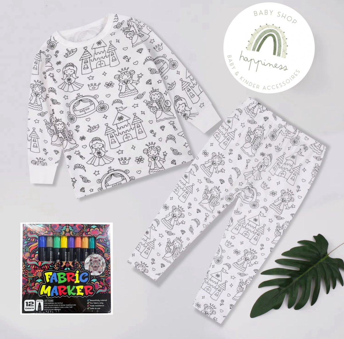 Prinses Pyjama - maat 92/98 / 3 jaar - DIY - om zelf in te kleuren - met 12 textielstiften - cadeau - feestdagen