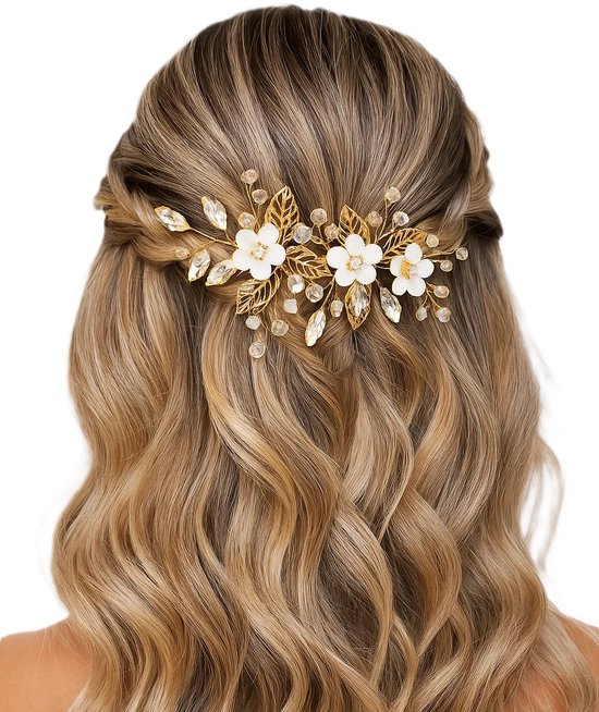 Bruiloft Haarwijnstok met Bloemen & Kristal – Gouden Bruidshaarstuk | Handgemaakt Haaraccessoire met Parel & Strass – Voor Bruid, Bruidsmeisjes & Feestelijke Gelegenheden (15 cm)