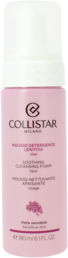 Roze Collistar mousse flacon met witte pompdispenser. Tekst in roze en paars.