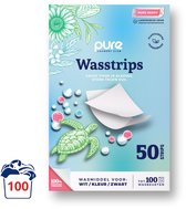 Pak Pure Wasstrips met een schildpad en bloemen op de voorkant. Tekst 'Pure Berry', '50 STRIPS' en 'Was middel voor: Wit / Kleur / Zwart'. Een icoon toont 100 wasbeurten.