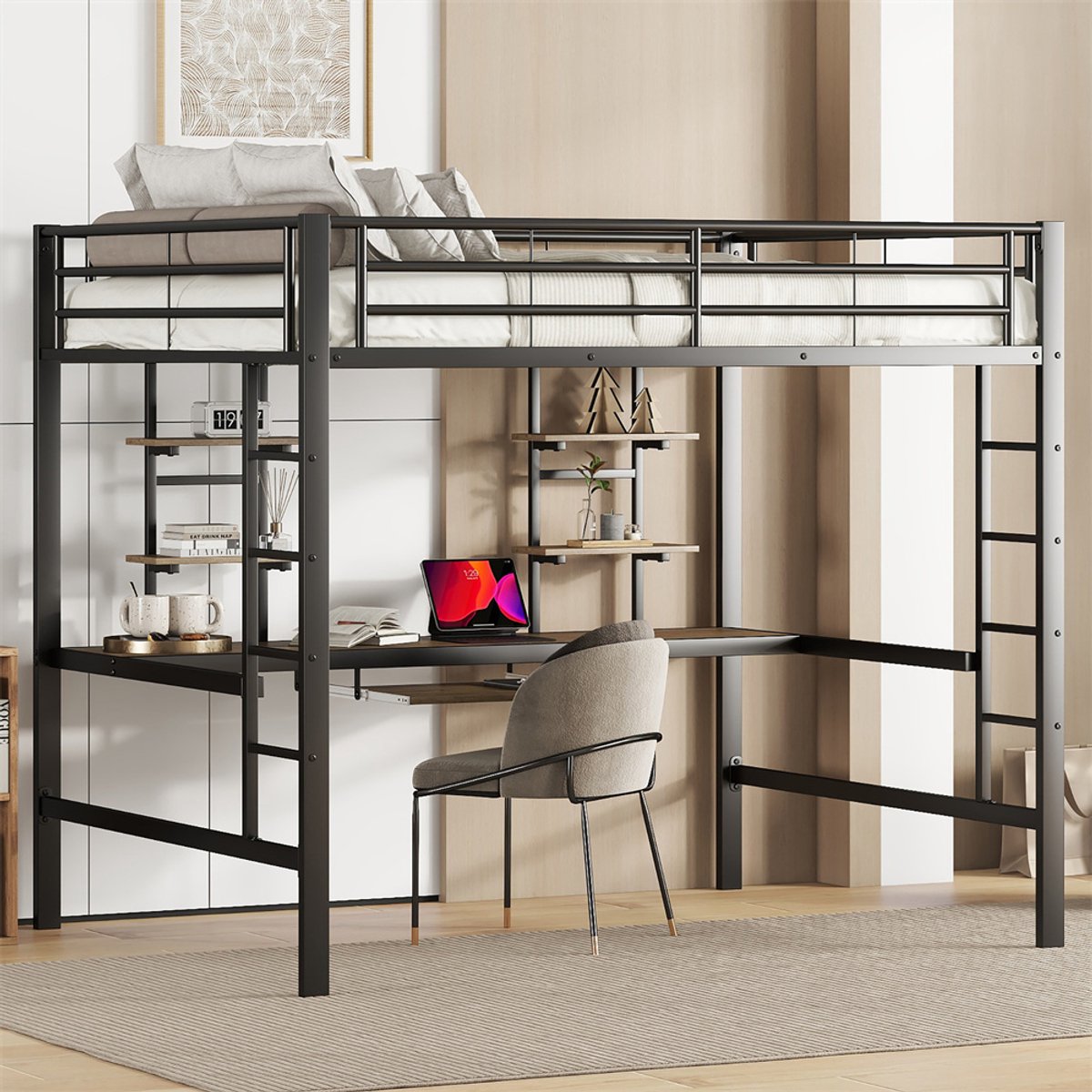 YEHTOKHOME Hoogslaper 140x200 cm met bureau en twee boekenplanken, ijzeren frame, ladder, toetsenbordplank, kinderbed, zonder matras, zwart