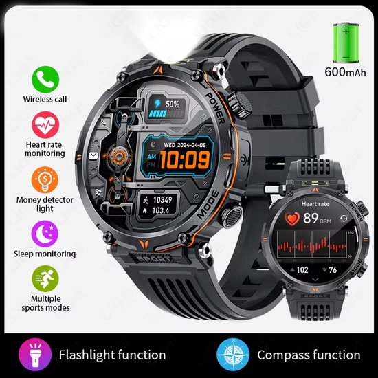 Montre Connectée Militaire, Suivi Fréquence Cardiaque, Bluetooth, étanche 5ATM, écran 1.71 Pouces