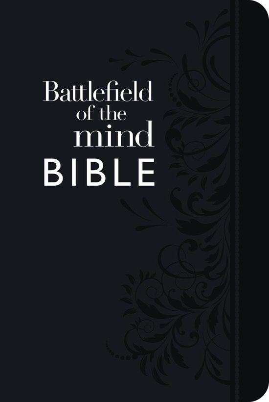 Couverture noire avec "Battlefield of the Mind BIBLE" en lettres blanches, à droite un motif floral ornemental.