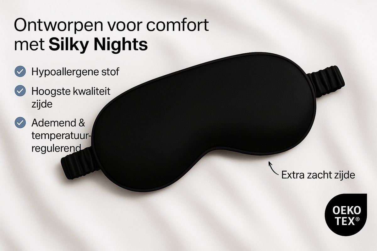 Silky Nights® – Zijden Slaapmasker + Opbergzak – Oogmasker Heren & Dames – 19 momme - Verduisterend Eye Mask – Zwart