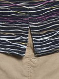 Detail van de zoom van een donkerblauwe polo met golvend streepjespatroon in paars, geel en wit, over een beige broek.