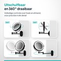 Illustraties die de uitschuifbare en 360° draaibare functies van een Mirlux led spiegel tonen.