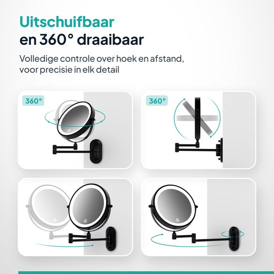 Illustraties die de uitschuifbare en 360° draaibare functies van een Mirlux led spiegel tonen.