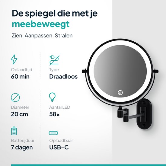 Zwarte, ronde make-up spiegel met ledverlichting en verstelbare arm, 20cm diameter.