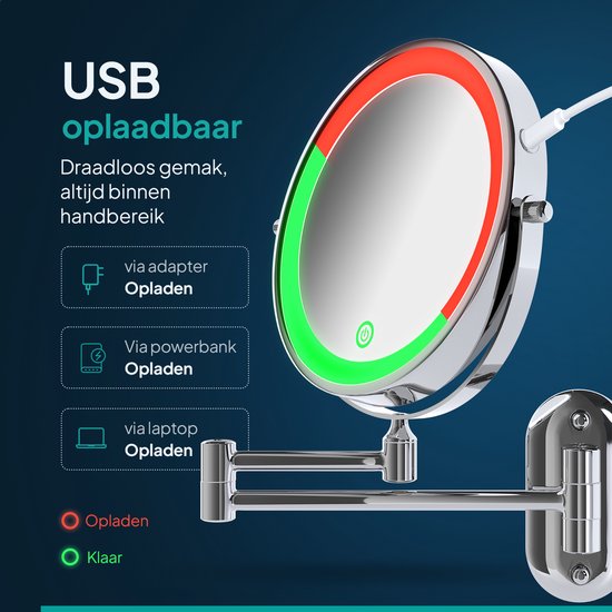 Mirlux Make Up Spiegel met Led Verlichting - Oplaadbaar - 10X Vergroting - Vergrootspiegel met Licht - Scheerspiegel - Badkamerspiegel - Chroom