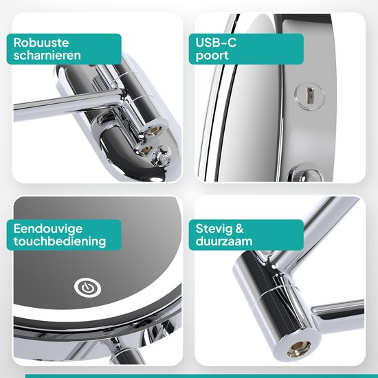 Mirlux Make Up Spiegel met Led Verlichting - Oplaadbaar - 10X Vergroting - Vergrootspiegel met Licht - Scheerspiegel - Badkamerspiegel - Chroom