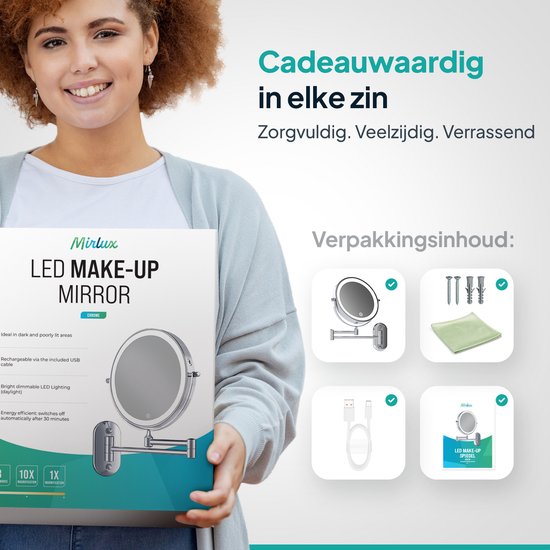 Mirlux Make Up Spiegel met Led Verlichting - Oplaadbaar - 10X Vergroting - Vergrootspiegel met Licht - Scheerspiegel - Badkamerspiegel - Chroom
