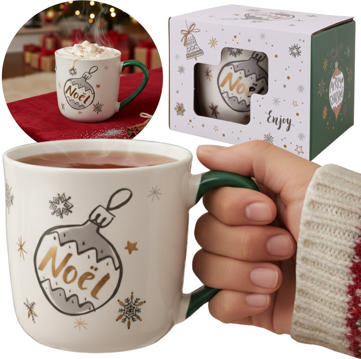 Witte, FEESTELIJKE PORSELEINEN MOK met oor en kerstbalmotief – VERPAKT IN EEN CADEAUVERPAKKING 320 ml