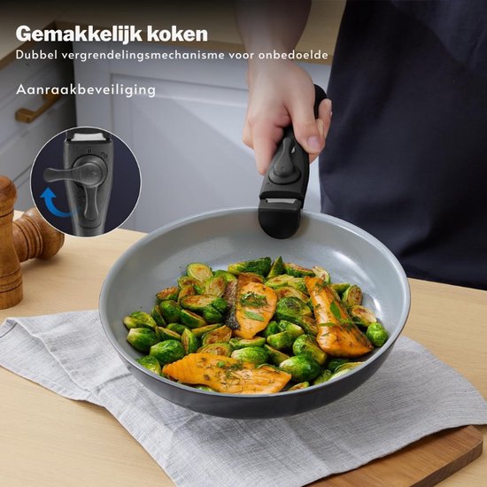 BEZIA Set pannen en pannen met anti-aanbaklaag, 13-delig, inductiekookplaatpannen set met afneembare handgrepen, PFAS & PFOA-vrij, stapelbare steelpansets voor alle kookplaten, ideaal voor campers