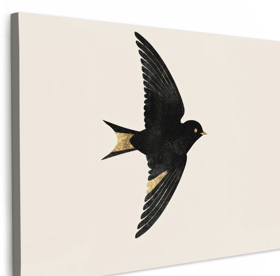 Canvas schilderij 120x80 cm - Wanddecoratie Zwarte zwaluw - Gouden accenten - Lichte achtergrond - Muurdecoratie woonkamer - Slaapkamer decoratie - Kamer accessoires - Schilderijen op canvas