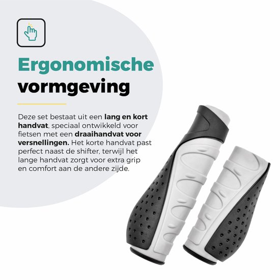 Ergonomisch gevormde fietshandvatten, een lange en een korte.