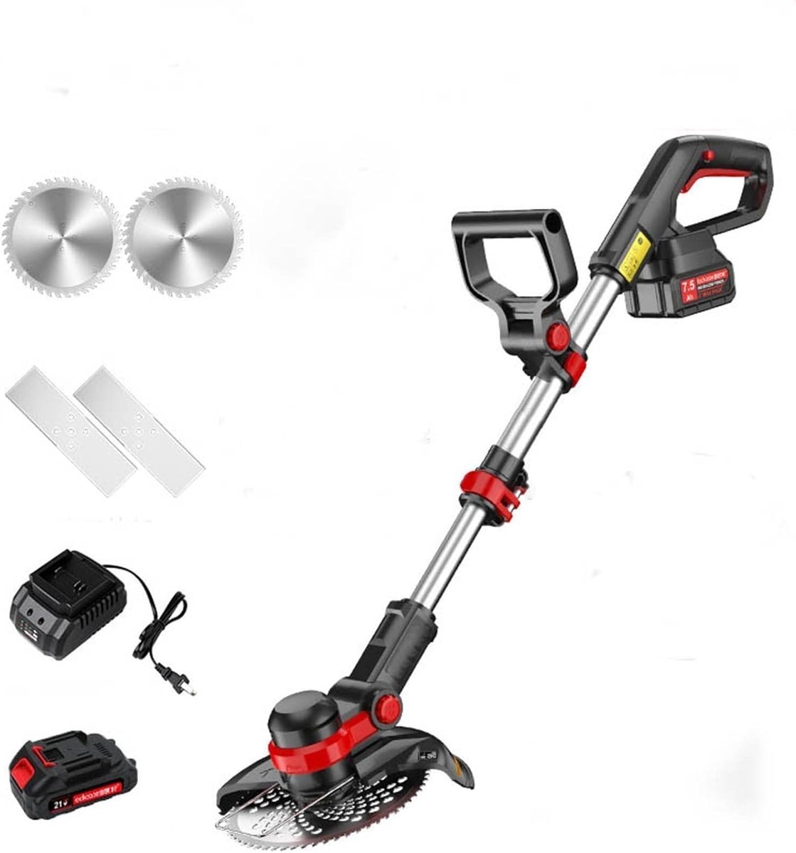 Accu-grastrimmer, 21 V, met 90 graden draaibare trimmerkop, telescopische steel, incl. 1 x 2,0 Ah accu, 1 x oplader, 2 x 15 cm maaibreedte, 2 x messen