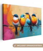 Canvas schilderij 60x40 cm - Wanddecoratie Vogels - Kleurrijk - Tak - Abstract - Muurdecoratie woonkamer - Slaapkamer decoratie - Kamer accessoires - Schilderijen op canvas