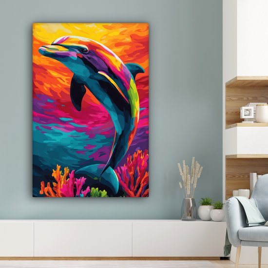 Tableau sur toile 80x120 cm - Décoration murale Dauphin - Coloré - Océan - Corail - Décoration murale salon - Décoration chambre - Accessoires chambre - Peintures sur toile
