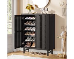 Tribesigns Schoenenkast met Roldeuren – 6 Laags Schoenenrek met Verstelbare Planken – Vrijstaande Smalle Schoenenkast – 85x 35x 110cm – Houten Schoenenopberger voor Entree, Woonkamer - Zwart