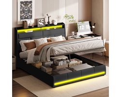 Tweepersoonsbed 140x200 cm – Gestoffeerd Bed met LED & USB, Hydraulische Opbergruimte, Inclusief Lattenbodem, Zwart PU