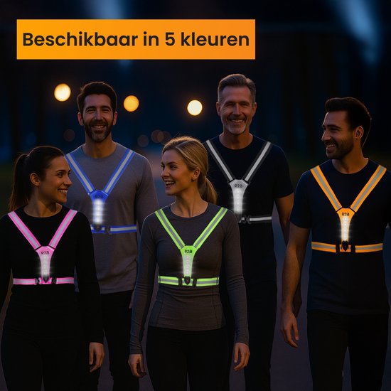 Vijf mensen met verschillende kleuren R2B hardloopvesten: roze, groen, blauw, wit, oranje.