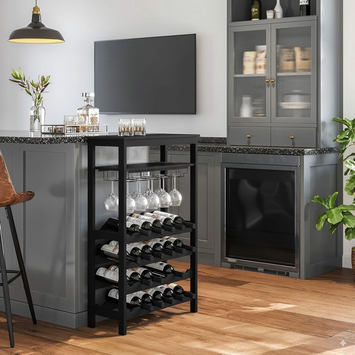 VinoDiMontagna Wijnrek - Wijnkast - Metaal - Hout - Flessenrek voor 24 flessen met Glashouder - 99 x 65 x 29 cm (L x B x H) - Zwart – foto 4