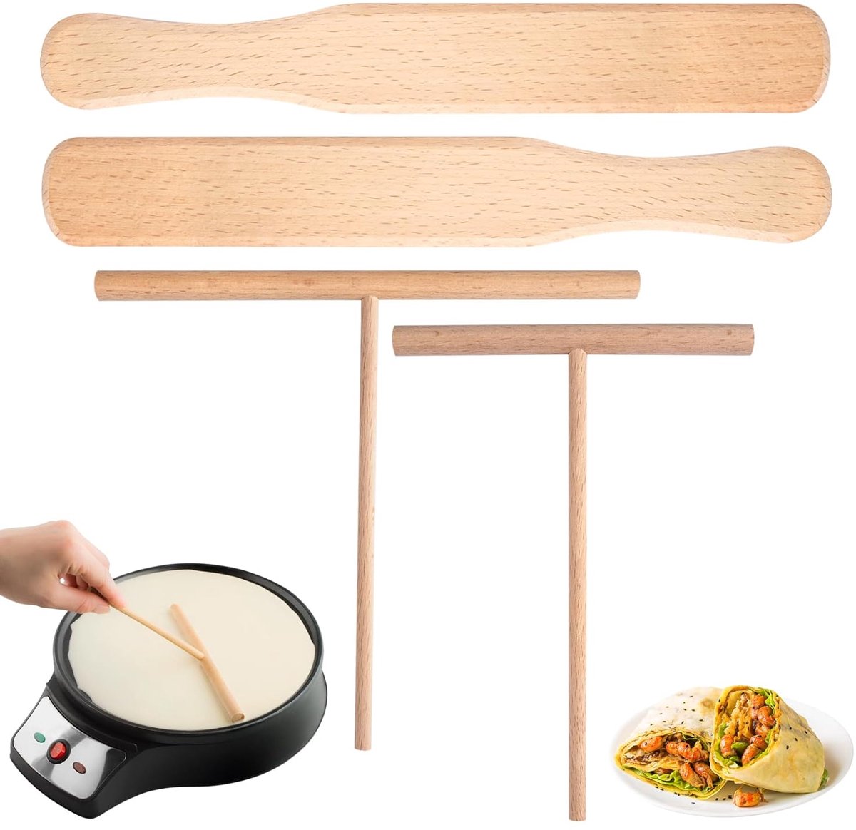 Houten Pannenkoekenverdeler - Ergonomisch - Set van 4 - Beukenhout