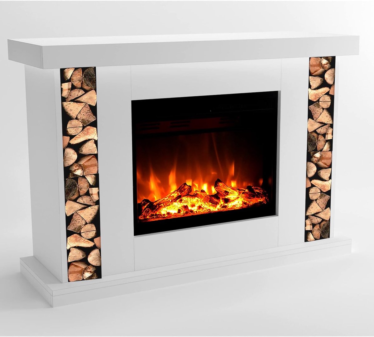 Luxe Staande Elektrische Sfeerhaard “Aurora Flame” – Vrijstaande Design Haard met Verwarming (750/1500W), 3D LED-vlameffect in 3 Kleuren, Houtdecoratie, Timer & Afstandsbediening – Wit – 120x84x38 cm HomeByNicole