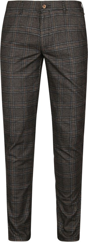 Bruine chino met ruitjespatroon, voorzien van een centrale knoopsluiting.