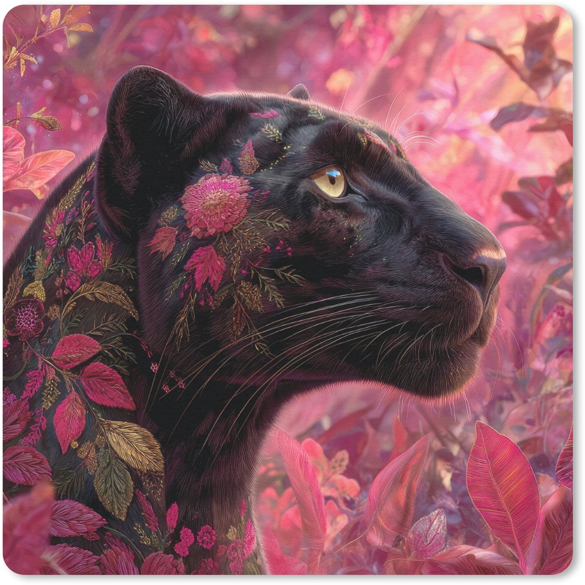 Muismat 30x30 cm - Mousepad Luipaard - Bloemen - Roze - Muismatten