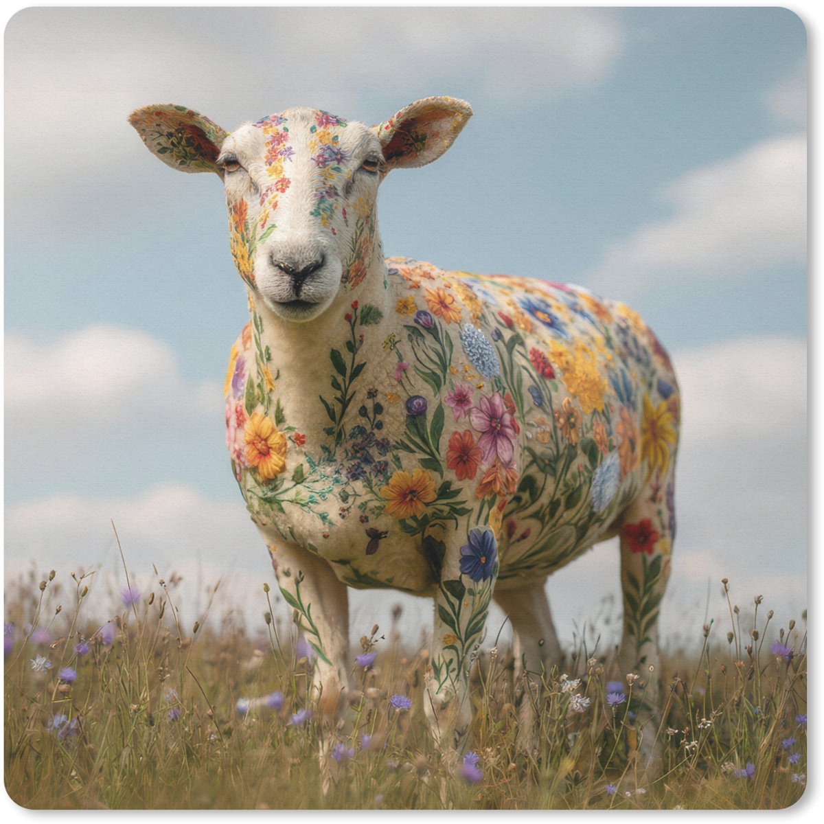 Muismat 20x20 cm - Mousepad Schaap - Bloemen - Weide - Muismatten