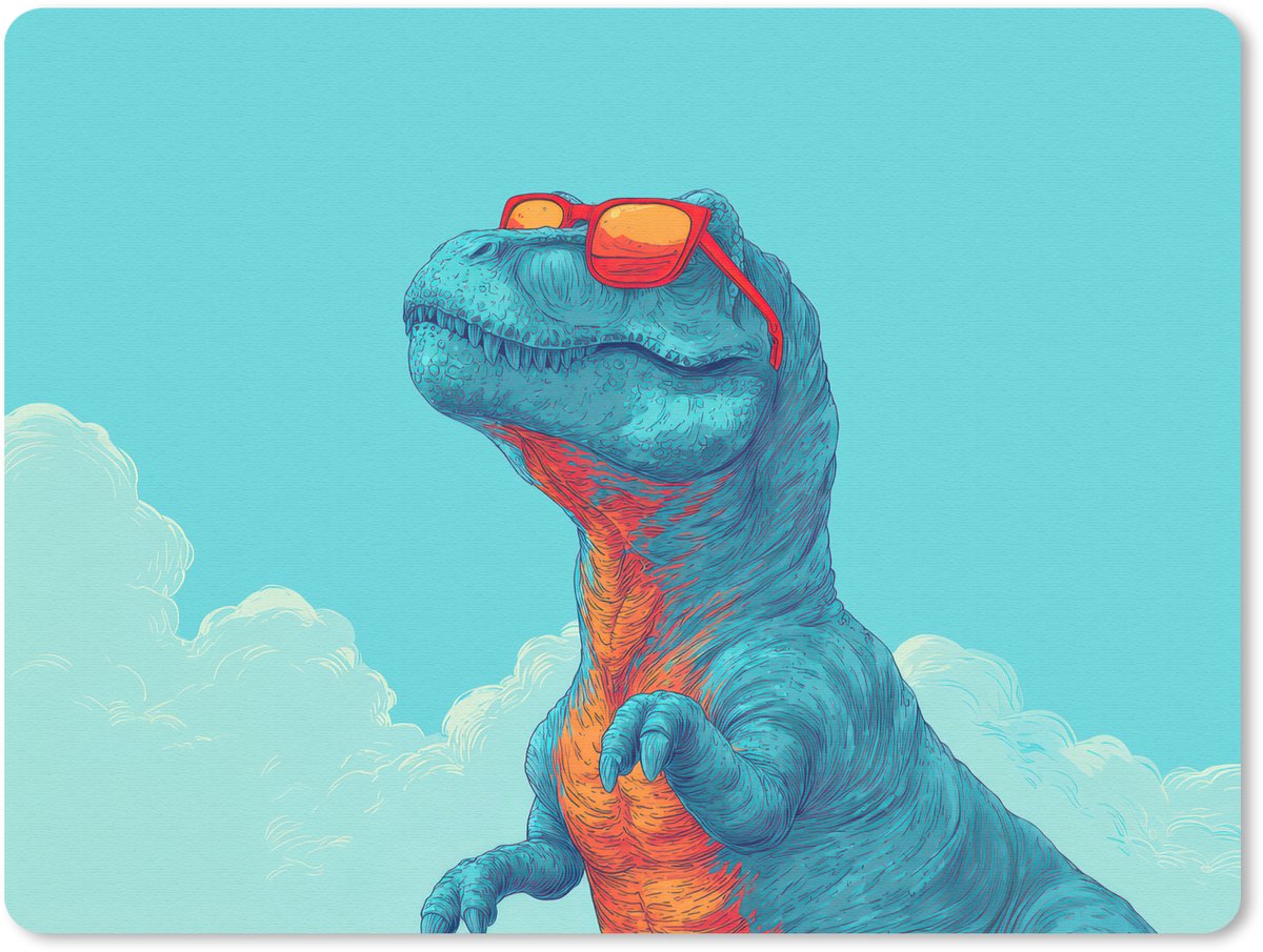 Muismat 23x19 cm - Mousepad T-Rex - Blauw - Wolken - Zonnebril - Muismatten