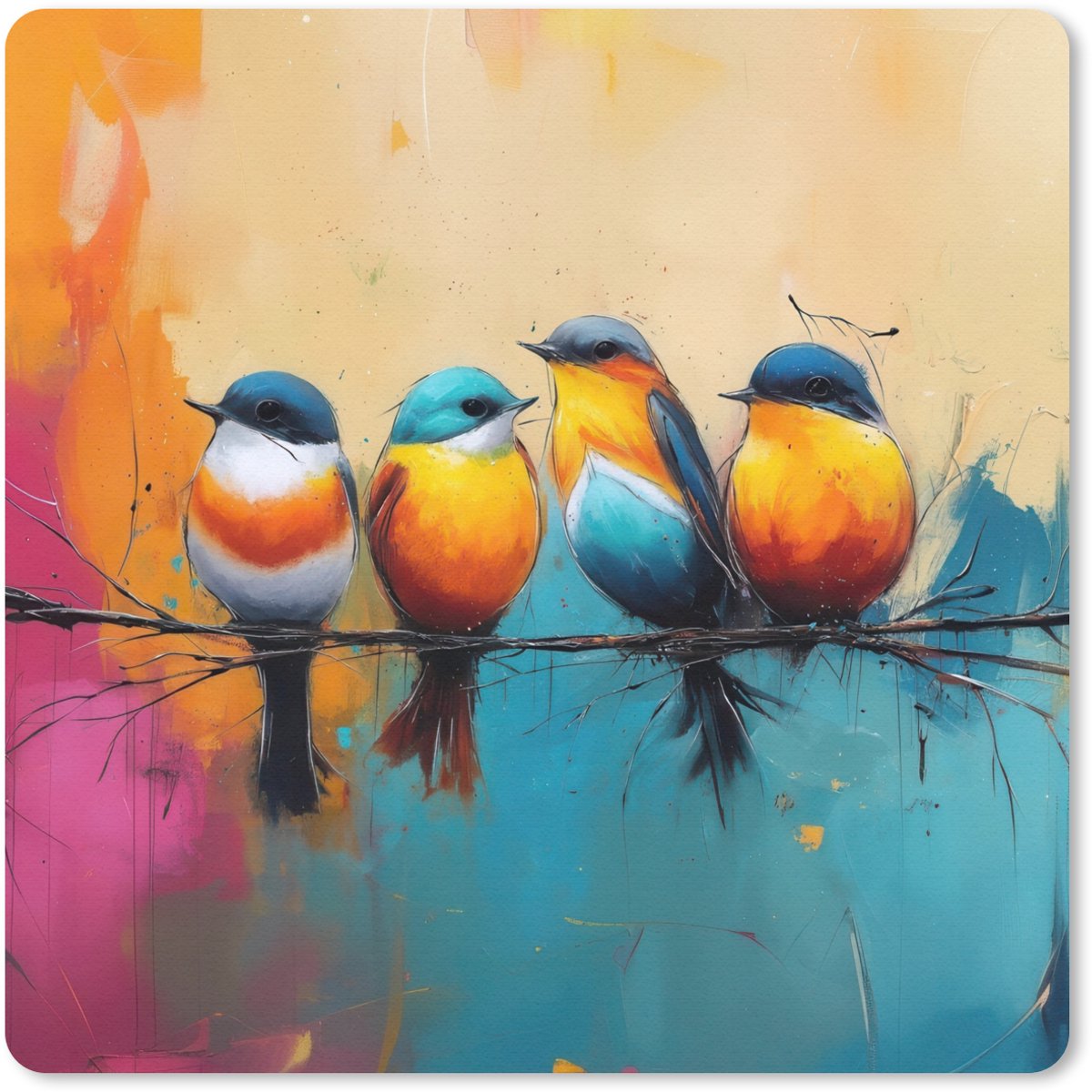 Muismat 20x20 cm - Mousepad Vogels - Kleurrijk - Tak - Abstract - Muismatten
