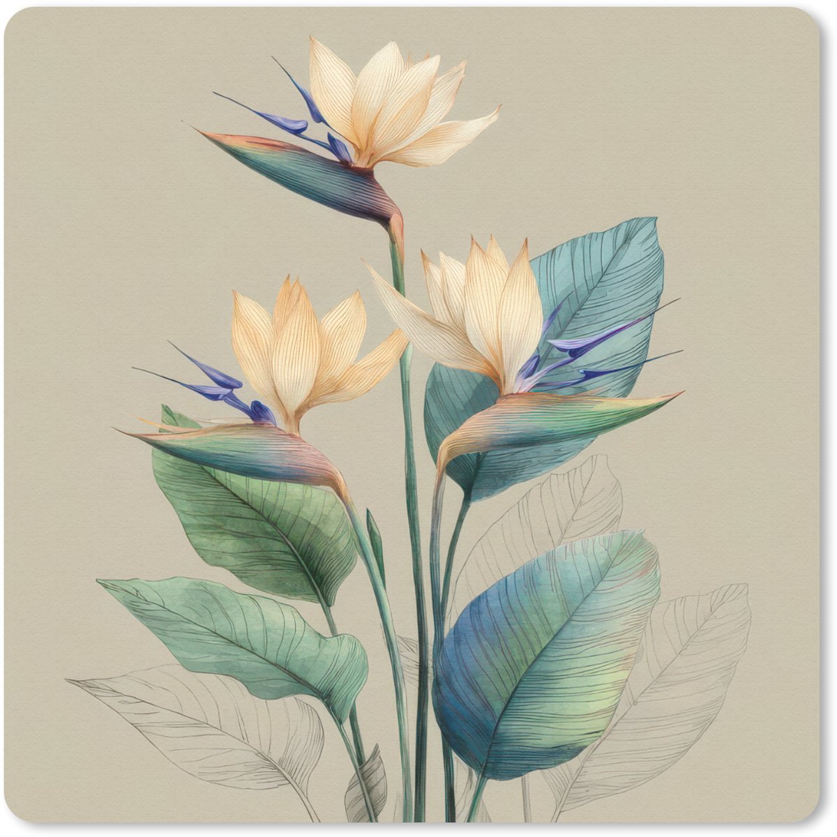 Muismat 20x20 cm - Mousepad Paradijsvogelbloemen - Blauwgroene bladeren - Beige - Muismatten