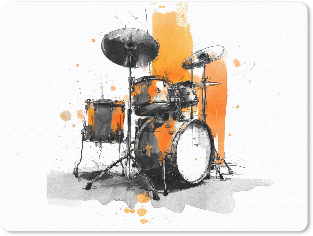 Muismat 23x19 cm - Mousepad Drumstel - Oranje - Zwart - Aquarelverf - Muismatten