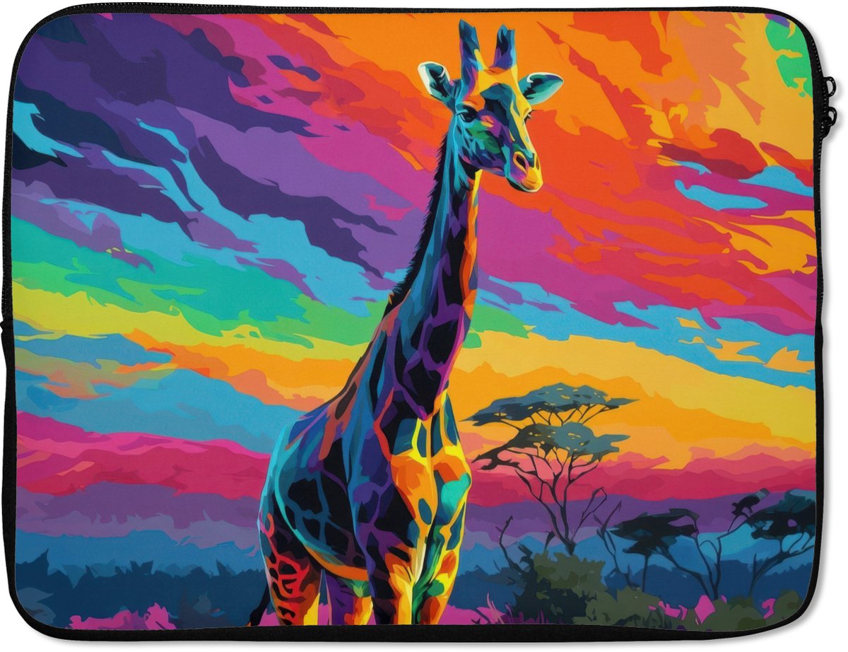 Laptophoes 15.6 inch - Giraffe - Savanna - Lucht - Gekleurd - Laptop sleeve - Binnenmaat 37x26 cm - Zwarte achterkant