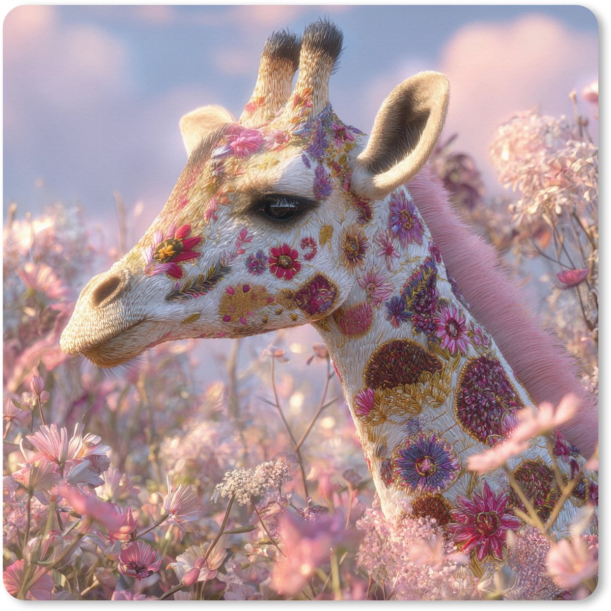 Muismat XXL 40x40 cm - Bureau onderlegger - Bureau mat Giraffe - Bloemen - Roze - Bureaumat - Gaming mousepad xl - Bureaulegger groot - Computer deskmat