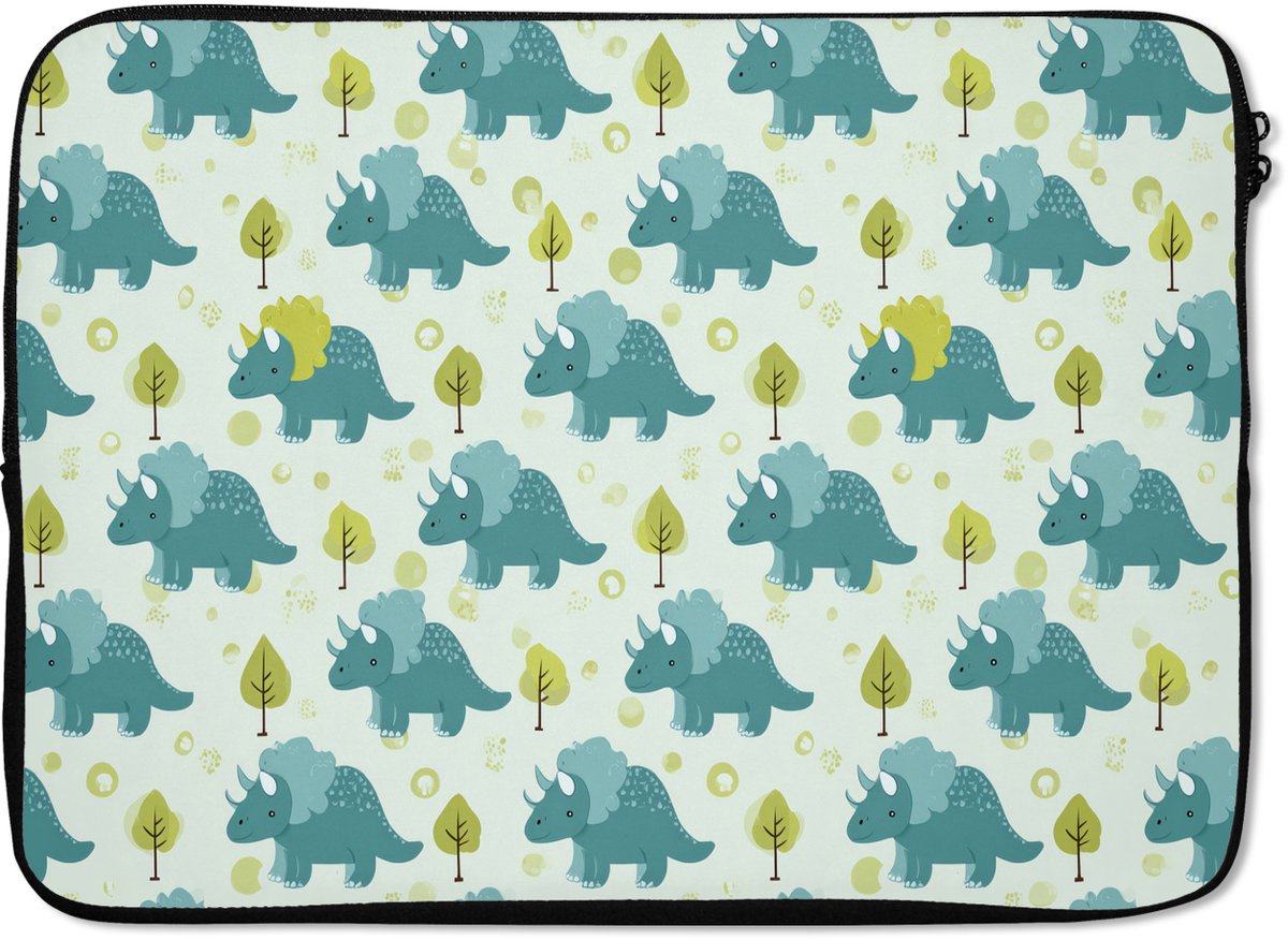 Laptophoes 14 inch - Triceratop - Blauw - Stippen - Boompjes - Laptop sleeve - Binnenmaat 33x23 cm - Zwarte achterkant
