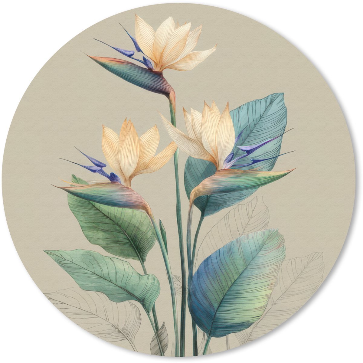 Muismat rond 40x40 cm - Mousepad Paradijsvogelbloemen - Blauwgroene bladeren - Beige - Ronde muismatten