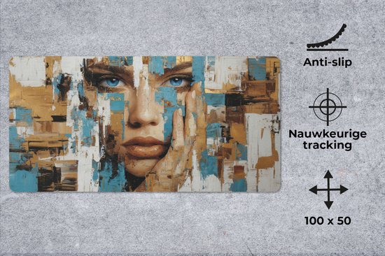 Muismat XXL 100x50 cm - Bureau onderlegger - Bureau mat Abstract - Penseelstreken - Blauw - Gezicht - Bureaumat - Gaming mousepad xl - Bureaulegger groot - Computer deskmat