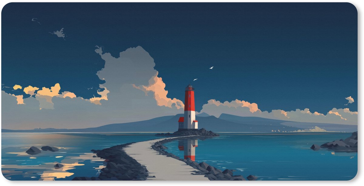 Muismat XXL 80x40 cm - Bureau onderlegger - Bureau mat Vuurtoren - Zee - Wolken - Bureaumat - Gaming mousepad xl - Bureaulegger groot - Computer deskmat