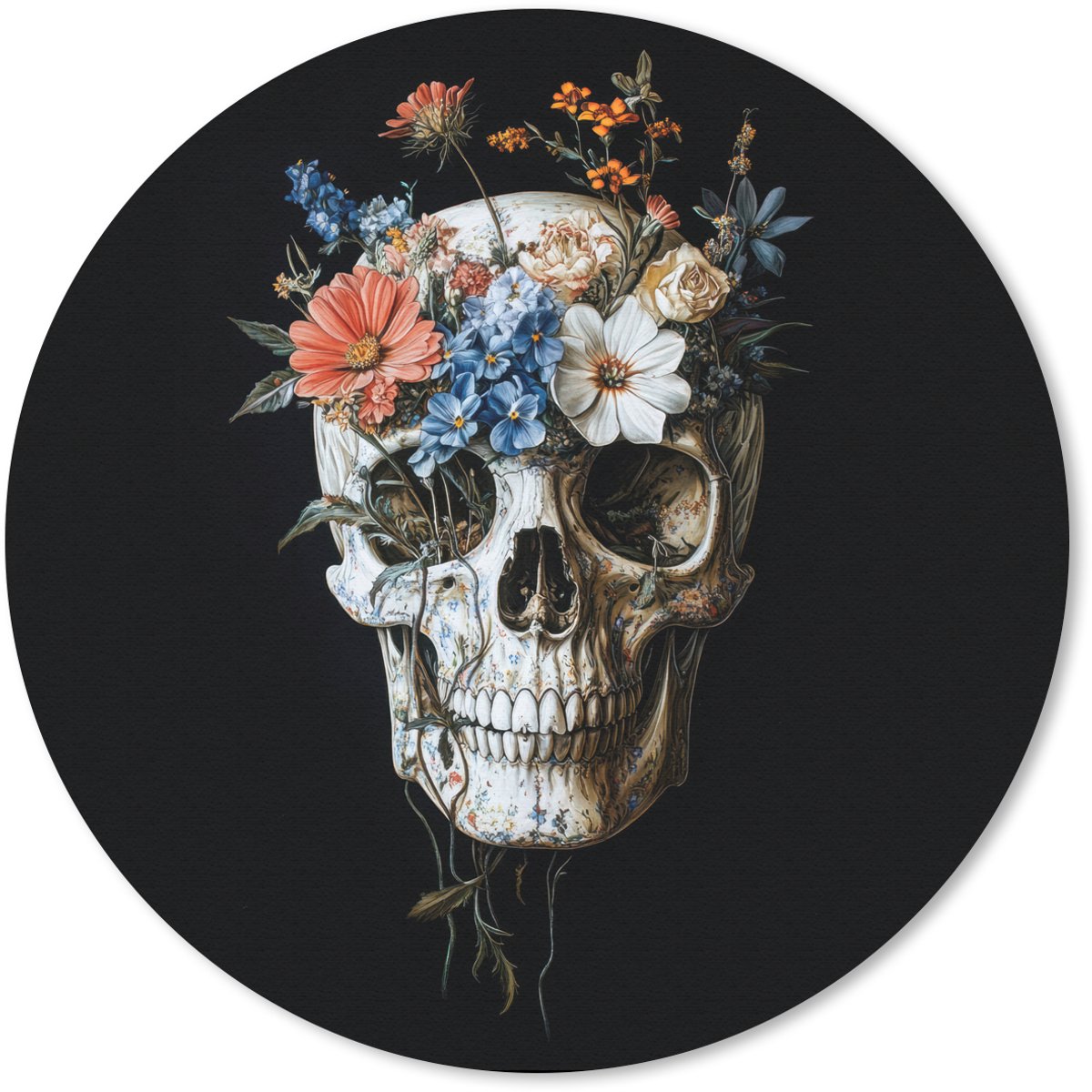 Muismat rond 20x20 cm - Mousepad Bloemen - Schedel - Kleurrijk - Ronde muismatten