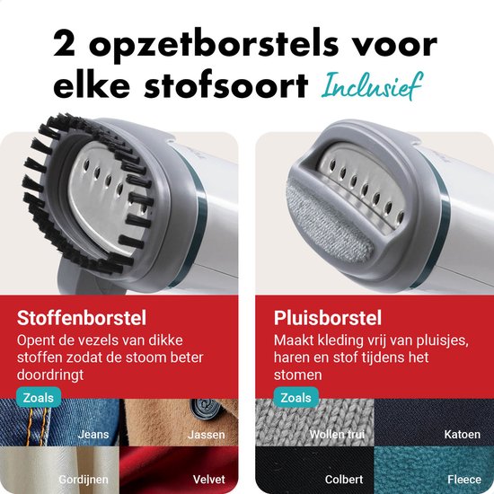 Witte en turquoise handstomer met twee opzetborstels: stoffenborstel en pluisborstel. Voorbeelden van stoffen.