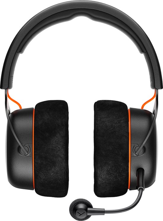 Zwarte Beyerdynamic MMX 150 headset met grote oorkussens en oranje randen.