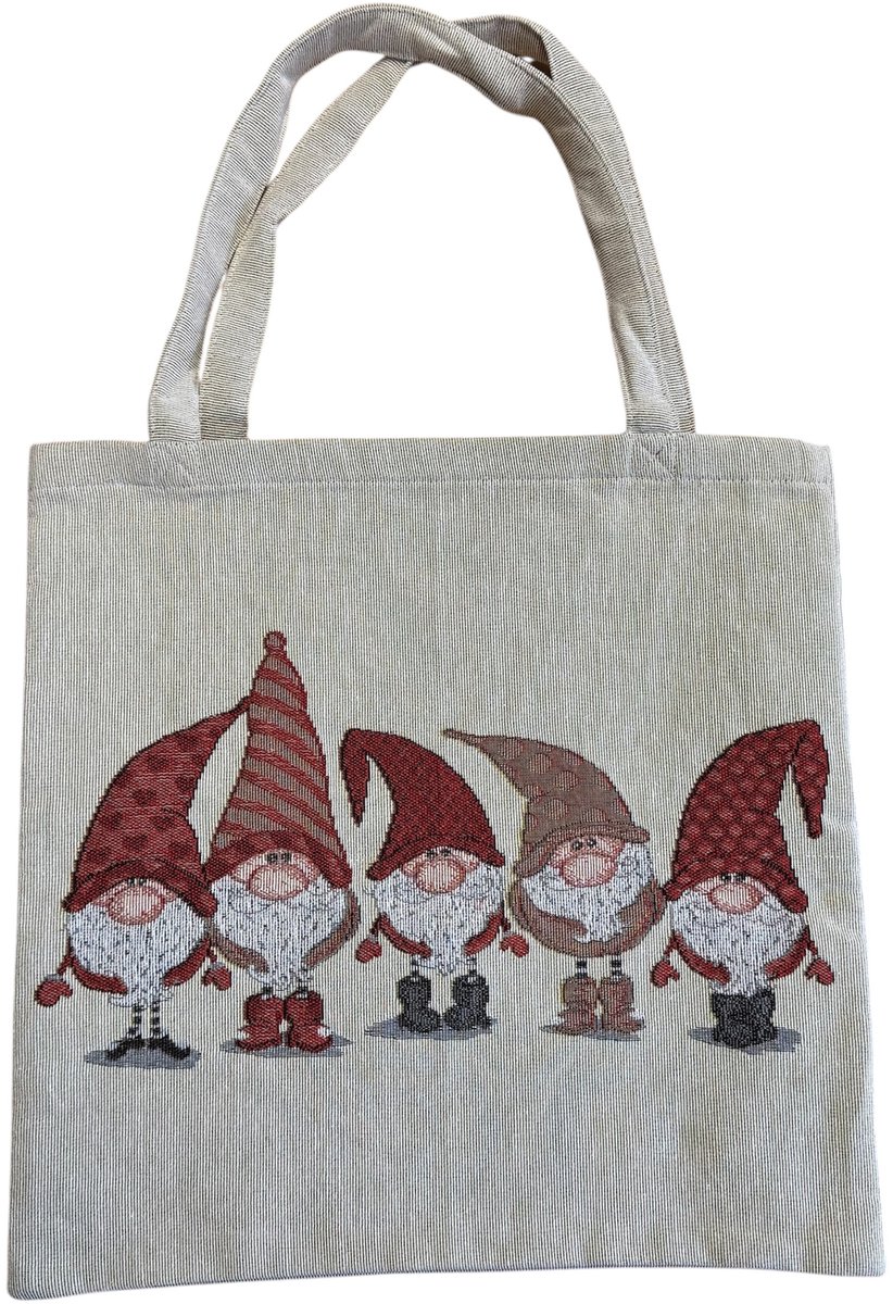 Boodschappentas -Kerst - Met 5 wichtels op een rij - 45 x 45 cm