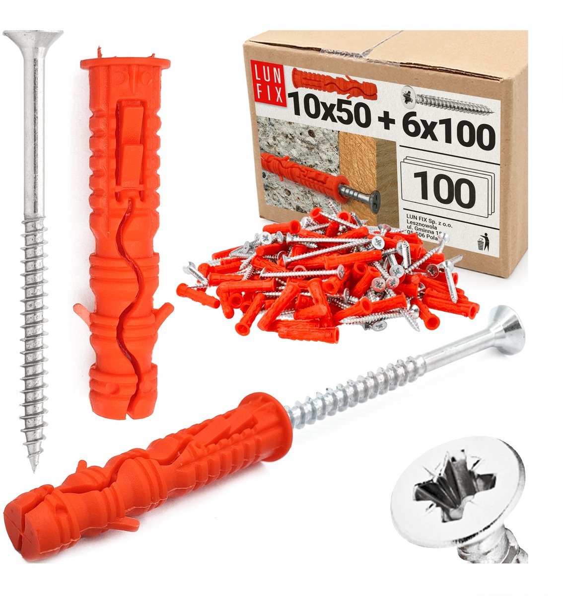 LUN FIX - Dübel Set 10x50 mm + schroeven 6x100 mm - 100 stuks - slagpluggen & universele pluggen - beton, baksteen, holle blokken