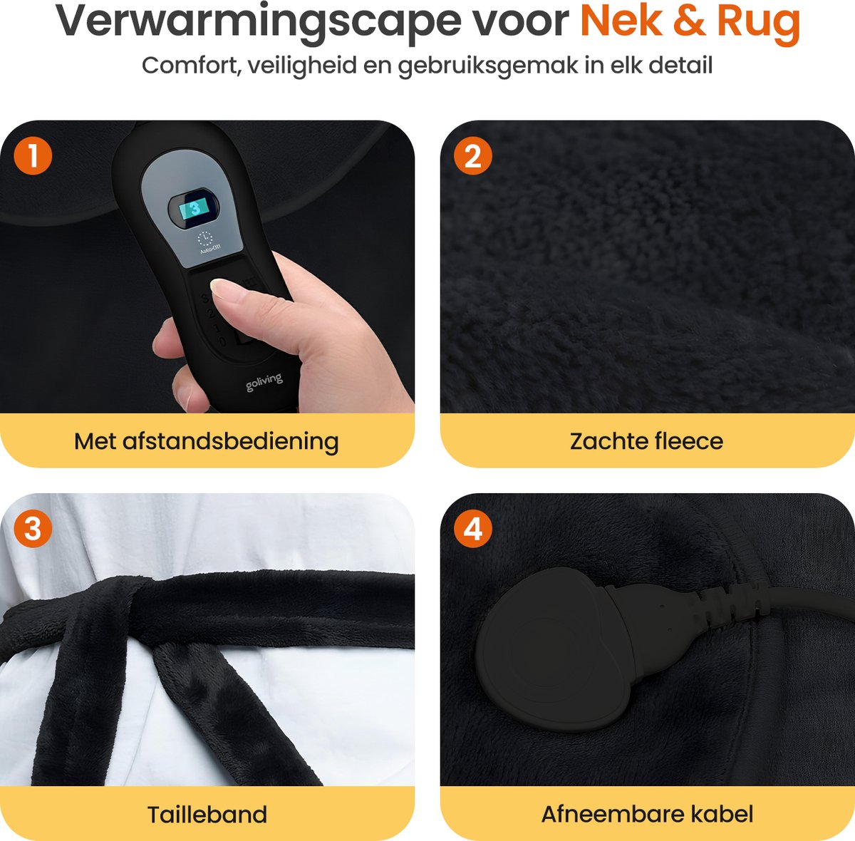 Goliving Elektrische Deken Voor Rug en Nek - Elektrische Warmtedeken - 3 Warmtestanden - Timerfunctie - Machinewasbaar - 100 Watt - 60 x 90 cm - Micro Pluche - Zwart – foto 5
